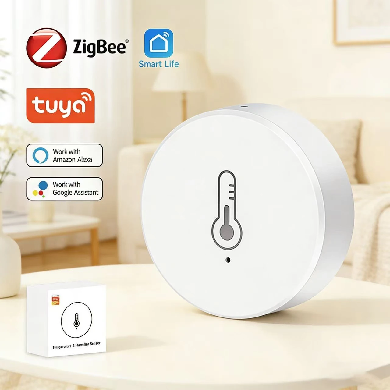 Tuya Zigbee Smart Temperatur- und Feuchtigkeitssensor, hochpräzises Innenhygrometer, funktioniert mit Alexa, Google Assistant, Smart Life