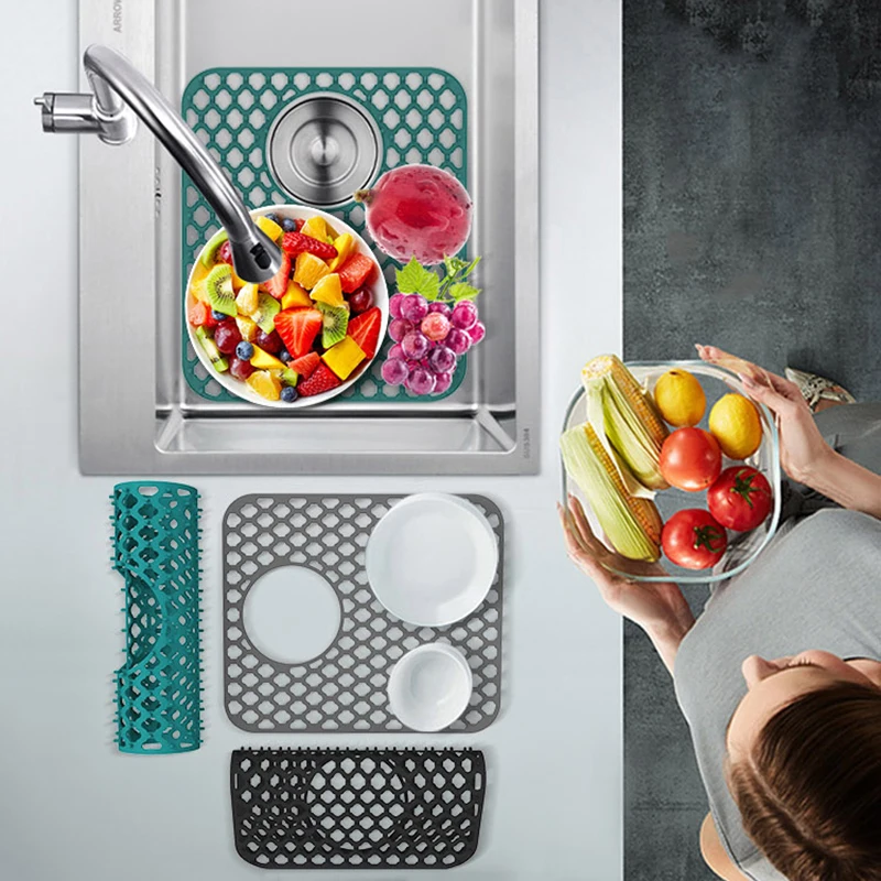 Silicone Sink Protectors Kitchen Sink With Center Drain Grid Accessory Non-Slip Heat-Resistant Mat