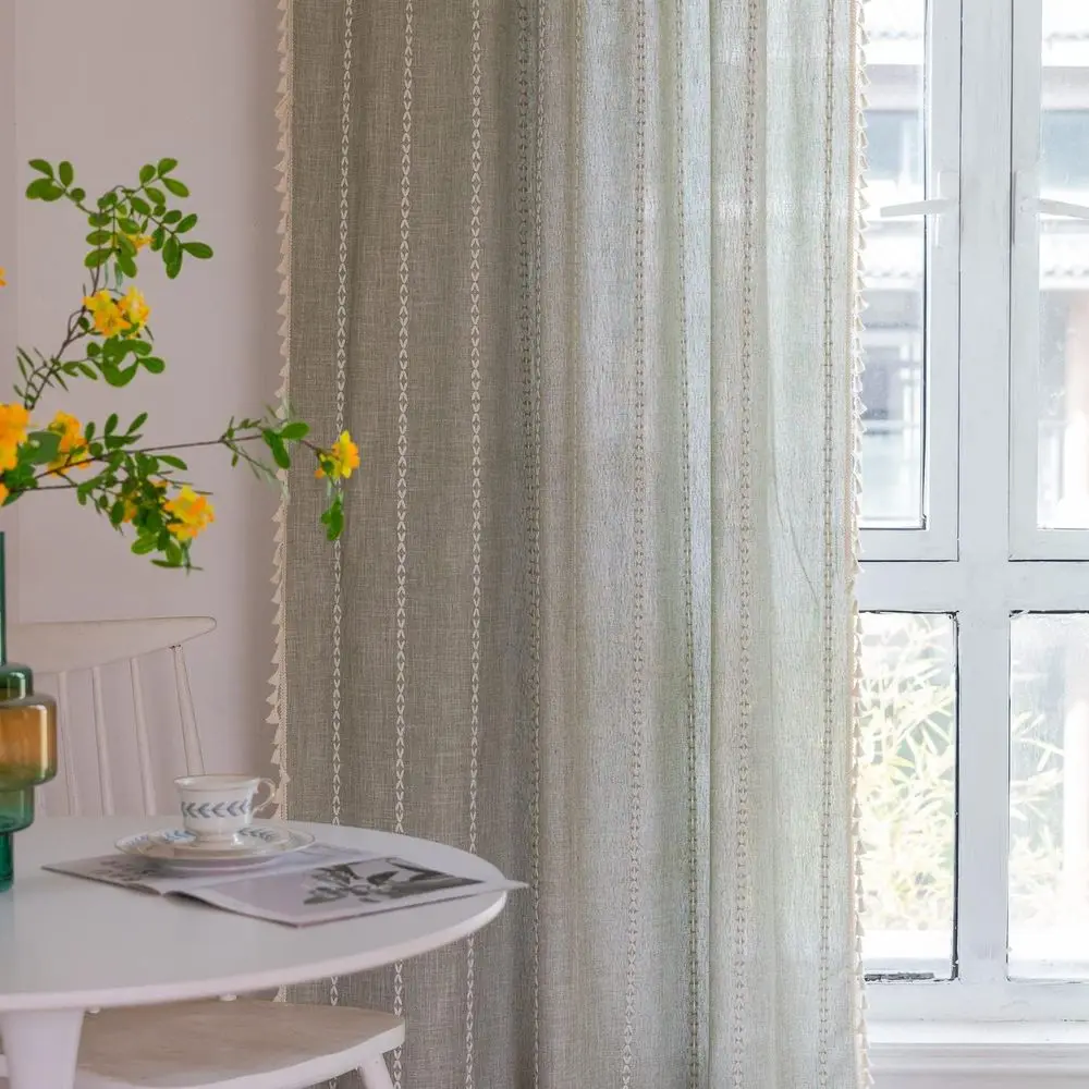 Rideaux à rayures en lin vert sauge, 84 longs, ensemble de 2 panneaux pour chambres à coucher et espaces de vie de style ferme Boho