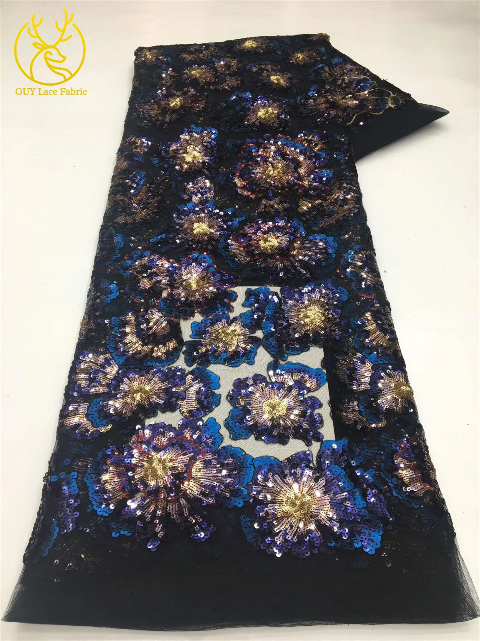 Afrikanischer Pailletten-Stickerei-Tüll-Spitzenstoff, französischer Pailletten-Perlen-Spitzenstoff, nigerianische Braut-Hochzeitsdekoration, zum Nähen, 5 Yards – Detail 10