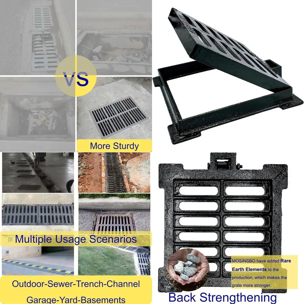 

10x10 Heavy-Duty B-Class Outdoor Drain Cover, Black Cast Iron Grate with Base for Driveways and Yards