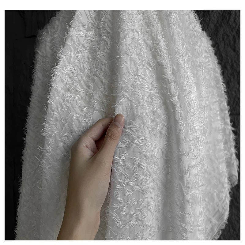 White Tassels Fringe Feather Jacquard Fabric for Dress Coat Bag Clothing Designer Fabric Sewing Material 57 Inches Width M88C3