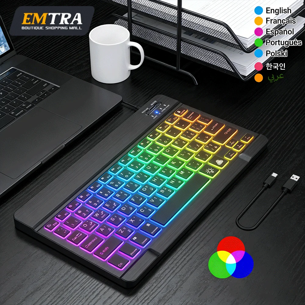 10 Inch Backlit Keyboard for iPad and Backlight Bluetooth Keyboard for iOS Android Windows Wireless Keyboard Hebrew Spanish