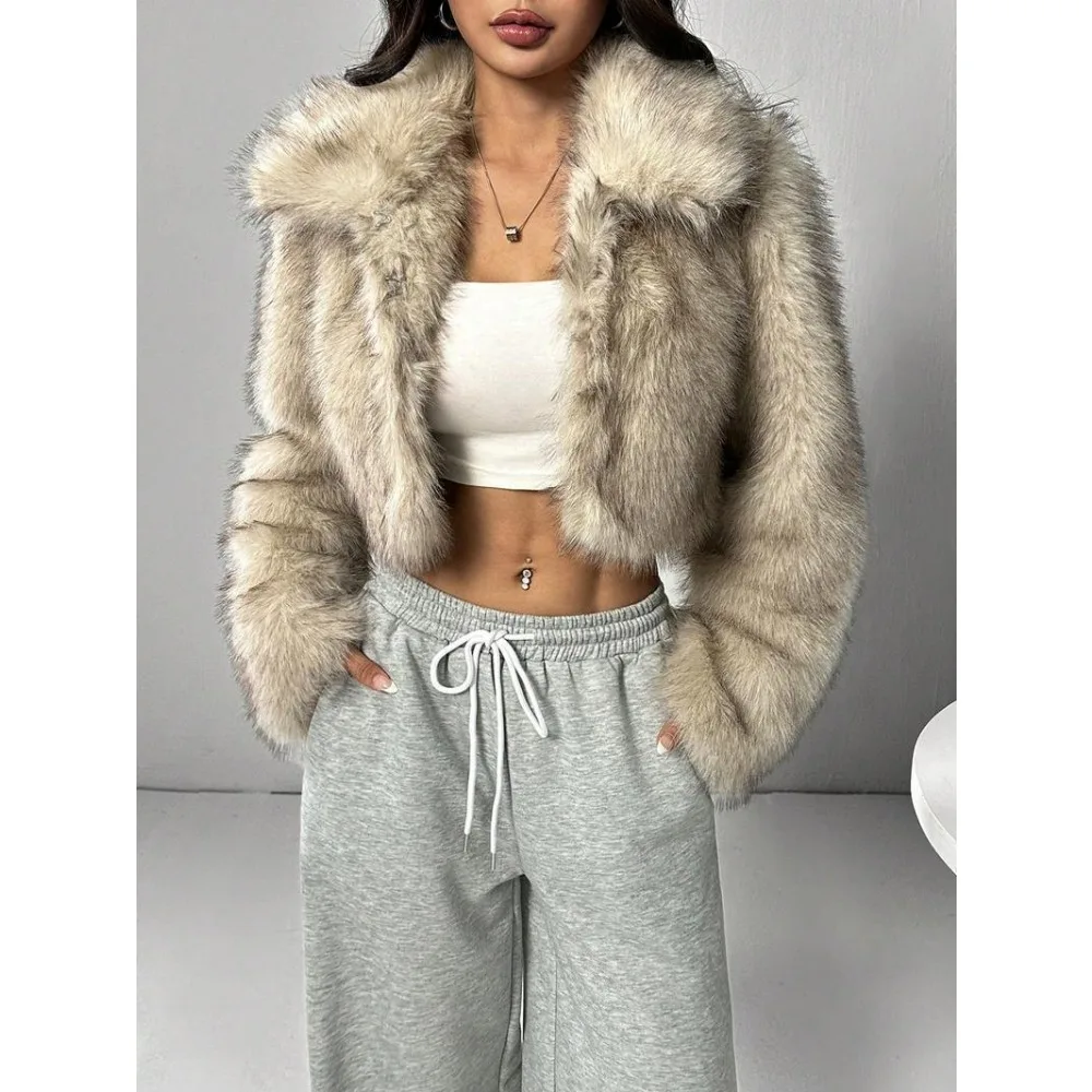Luxury Fluffy High-quality Fur Coat Cropped Jacket Women's Autumn Winter Faux Fur Coat Long-sleeved Top Warm Jackets for Women