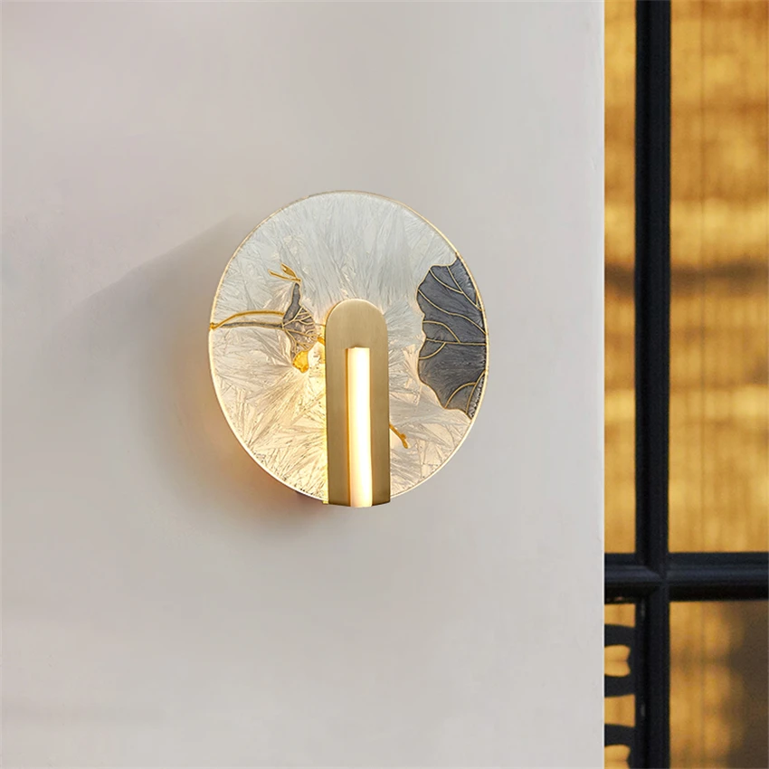 All copper luxury glass lotus leaf wall lamps Chinese living room bedroom bedside lamp aisle brass sconces lights decor lighting