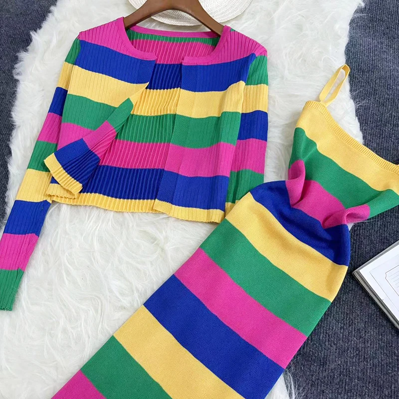 2024 New Summer Rainbow Striped Two Piece Set Spring New Fashion Sweet Slim Chic Outfits Knitted Coats Cami Dresses