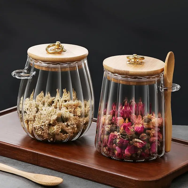 Airtight Food Containers Storage Pots Glass Jar With Lid Spoon Sealed Canister Sugar Tea Coffee Kitchen