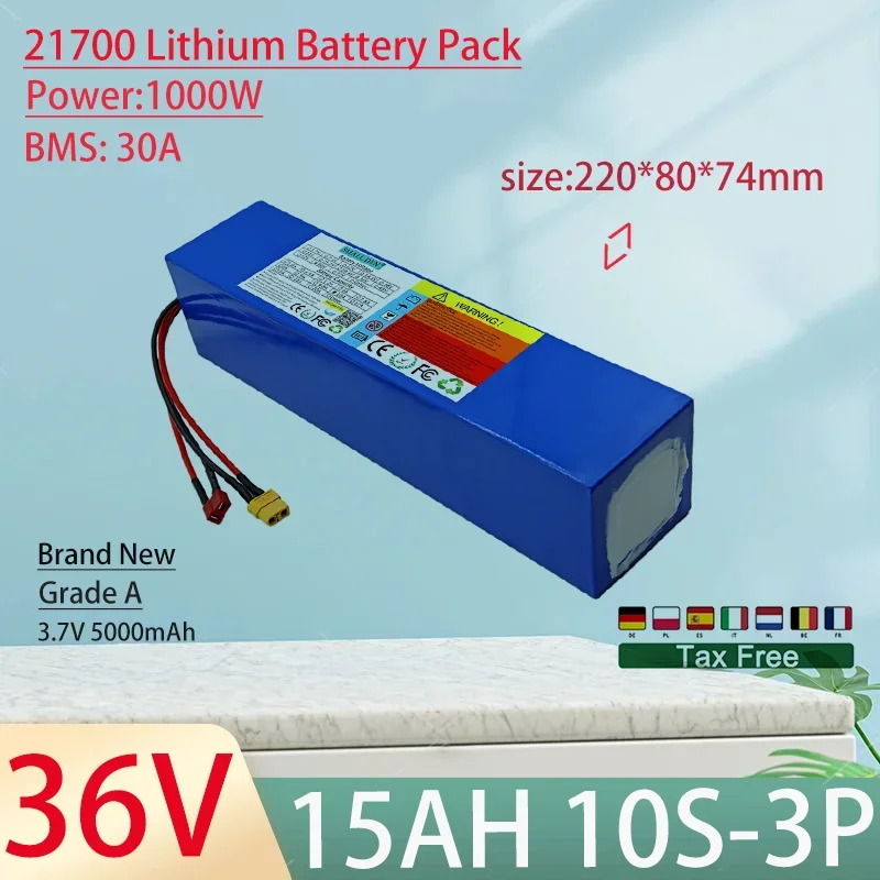 

36V 15Ah 21700 10S3P Lithium Ion Battery Pack 1000W Power Tool Batteries Outdoor Backup Batteries With 30A BMS+42V 3A charger