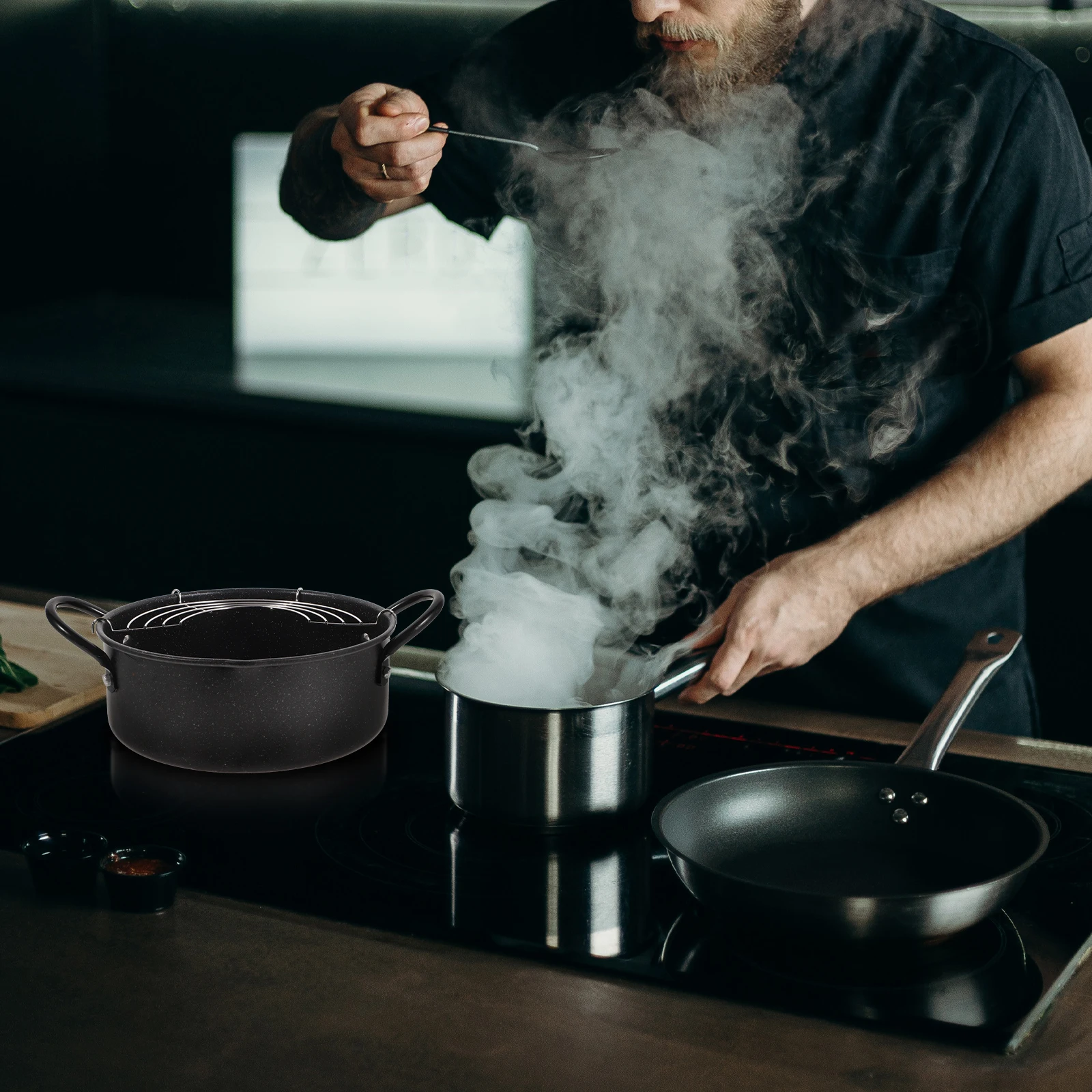 

Non Stick Deep Fryer Pan Iron Material Stainless Steel H Mini Family Size Tempura Frying Pot Drainer Rack Portable Picnic