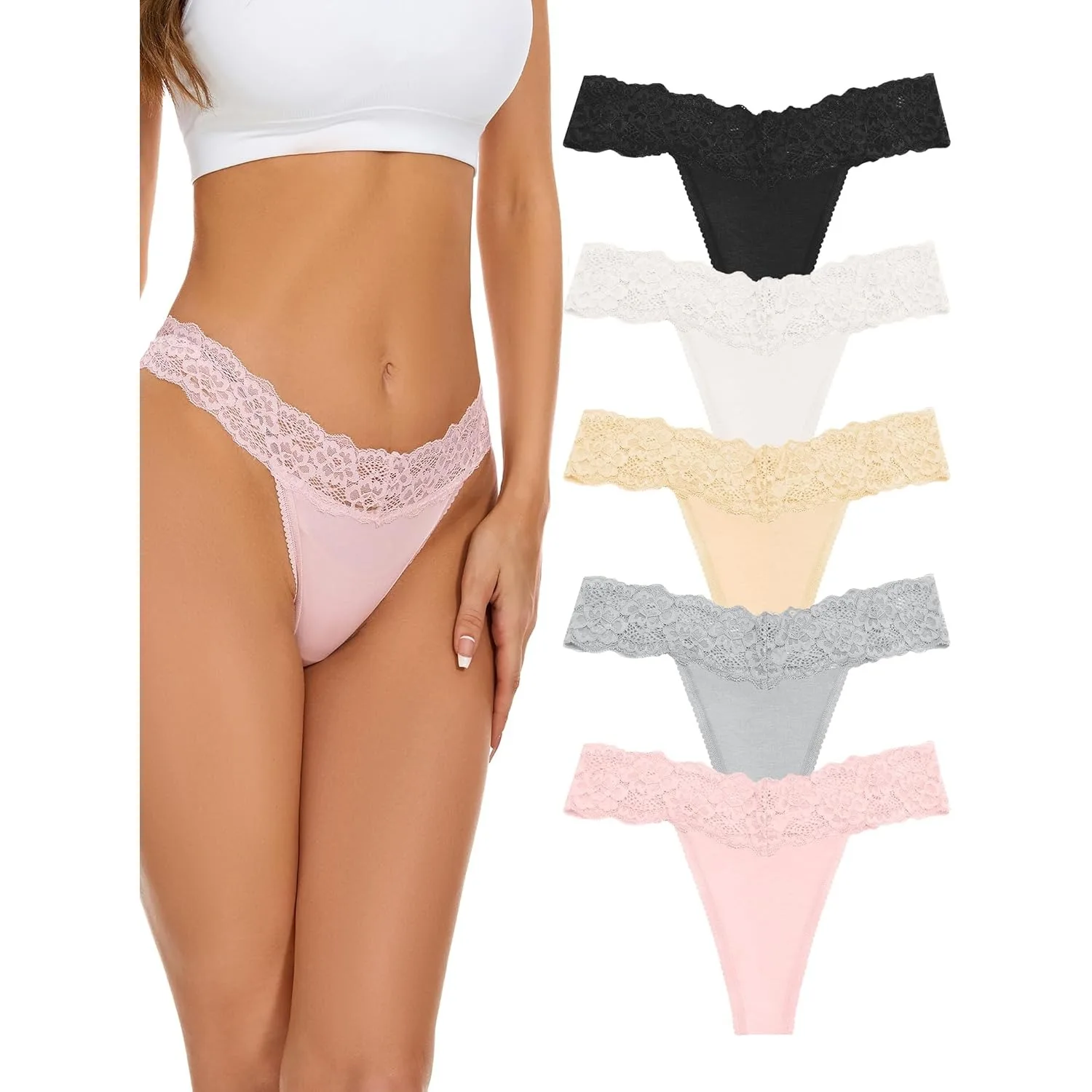 Kadınlar için dikişsiz Dantel Thongs No Show Tanga İç Giyim, Bayan Nefes Alabilir Konfor Külot Yumuşak Lazer Kesim Undie, Tanga, 5'li Paket