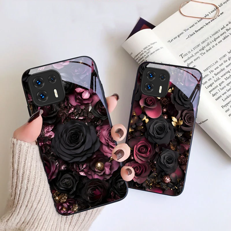 Wine red flower petals For Motorola Moto G14 24 34 35 45 54 55 75 84 85 Stylus Edge 30 40 Neo 50 Ultra Play glass phone case