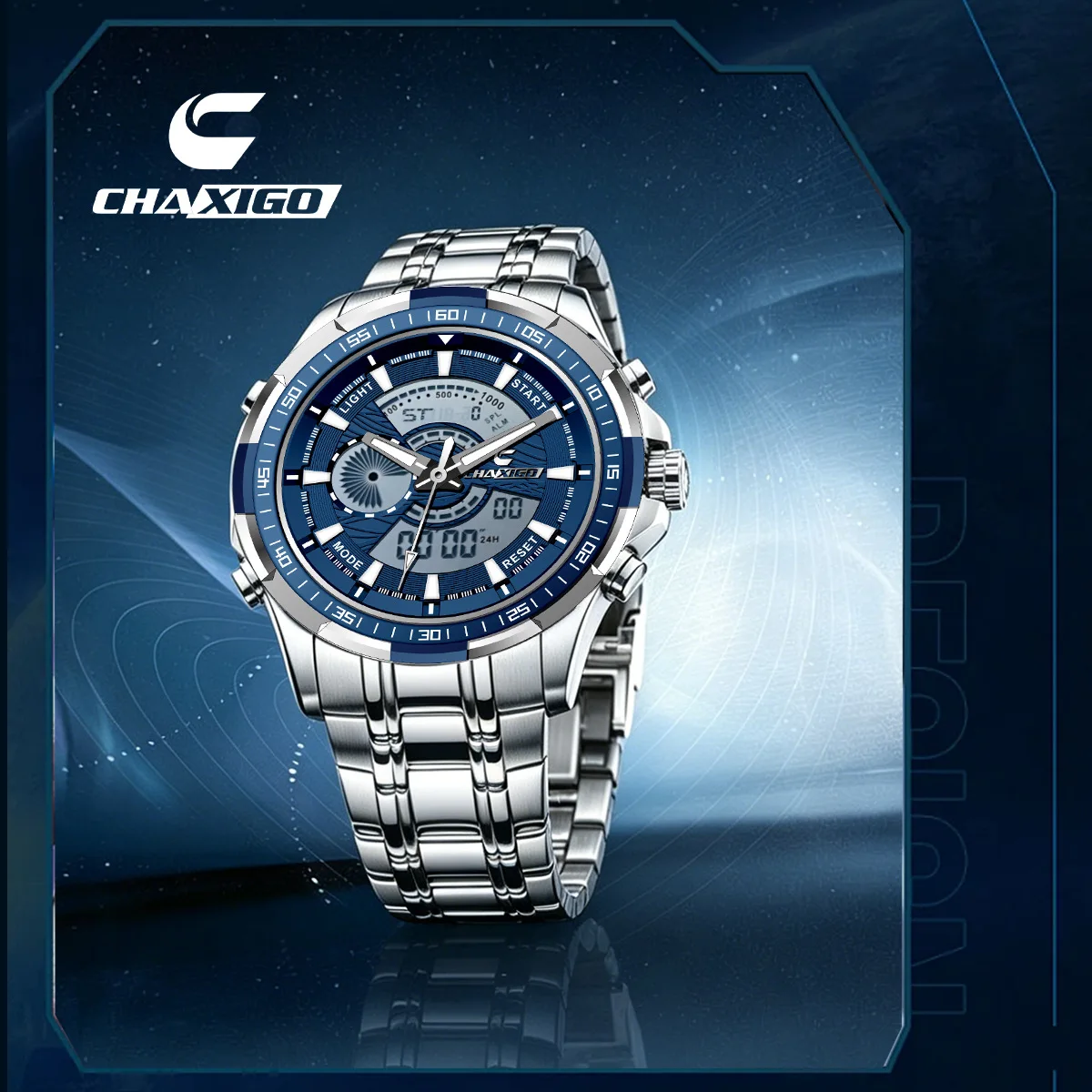 CHAXIGO 305 New Brand Men's Leisure Multifunctional Electronic Dual Display Alloy Case Light Luxury Light Watches for Man Reloj