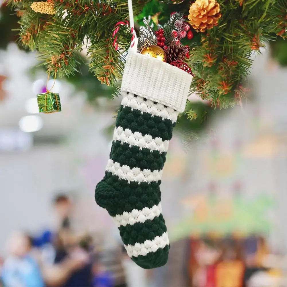 

Festive Stocking Candy Storage Bag Reusable Knitted Christmas Stockings Capacity Xmas Tree Hanging Gift Bags Green White Stripes