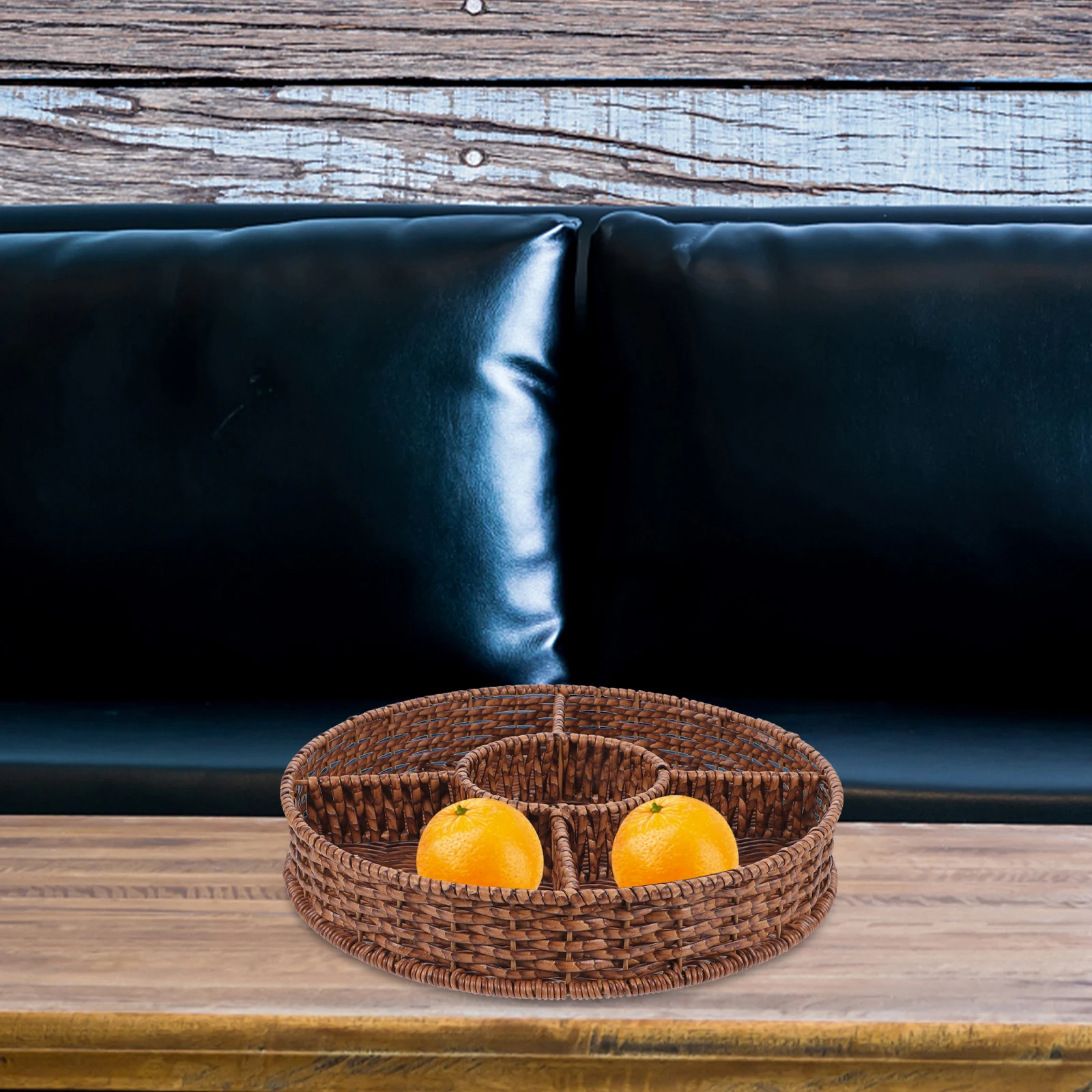 

Imitation Rattan Fruit Tray Round Basket Gifts Bread Holder Woven Snacks Storage Display Home Decor Safe No Odor Multipurpose