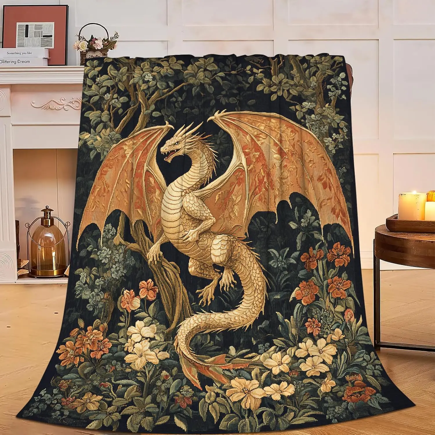 Mid-Century Dragon Print Fleece Throw, Retro Fantasy Gift for All Ages, Vintage Decor for Bedroom Couch, Soft Plush Blanket