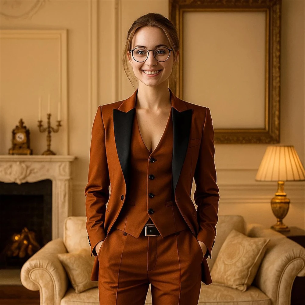 Women rust three-piece suit tailored peak lapel blazer waistcoat trousers elegant formal wedding AliExpress