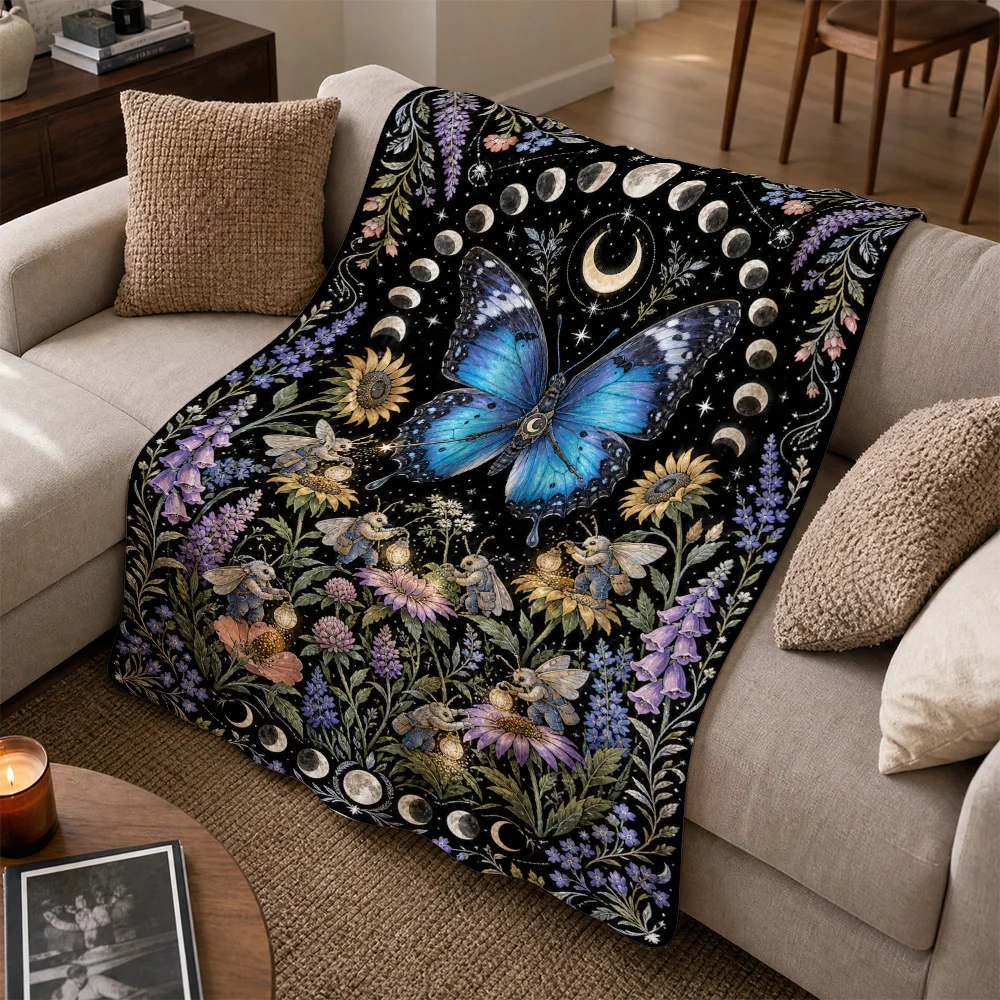 Celestial Moon Butterfly Floral Pattern Throw Blanket Plush Cozy Sofa Decor Bohemian Mystical Gothic Boho Chic Autumn Winter Hom