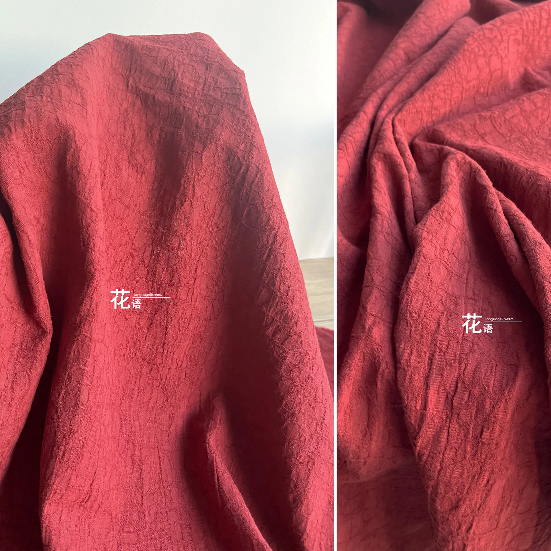 Red Washed Cotton Linen Designer Fabric Reworked Pleated Texture for Skirt Sewing, Textile Art and Decorative Projects