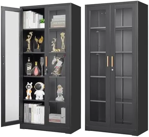 Glass Display Cabinet with Lock, Metal Curio Cabinet with Tempered Glass Doors & Adjustable Shelves, Heavy-Duty China