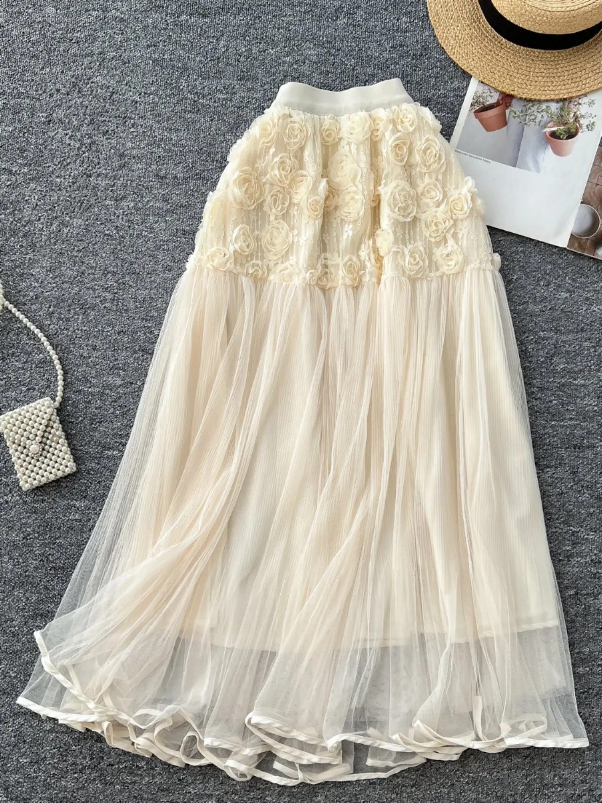 Three Dimensional Flower Mesh Skirt Women Spring Autumn Vintage French High Waisted Beach Midi Skirt