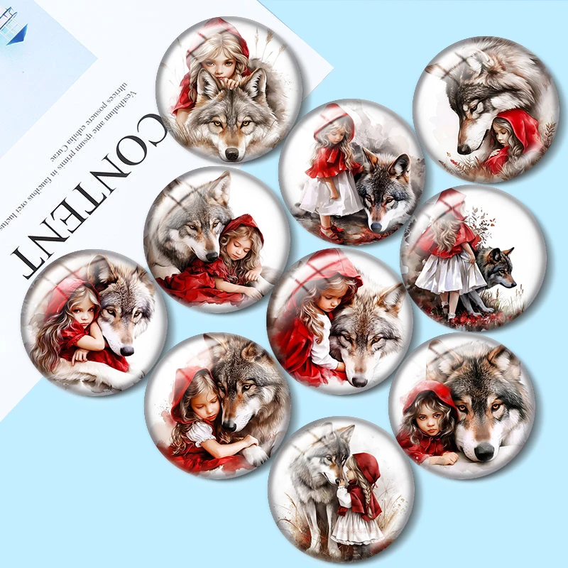 Illustration of Girls and Wolves 10pcs12mm/16mm/18mm/25mm Round Photo Glass Cabochon Demo Flat Back Making findings