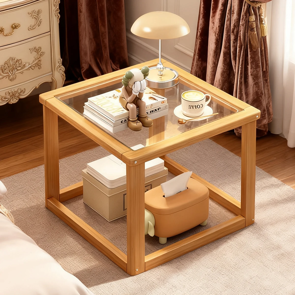 

Bamboo Frame Side Table with Tempered Glass Top(2 Sizes19.7/23.6in)-Versatile Nightstand/Coffee Table for Living/Bedroom/Office