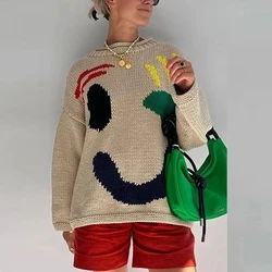 Nowość 2024 Jesienne damskie swetry oversize O Neck Dzianina z długim rękawem Luźne swetry damskie Casual Smile Boho Sweter Tops