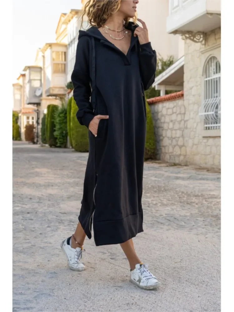 Nice Autumn And Winter New Women's Warm And Loose Hoodie Dress Commuting Style Casual Hooded V-neck Slit Hoodie Long Skirt