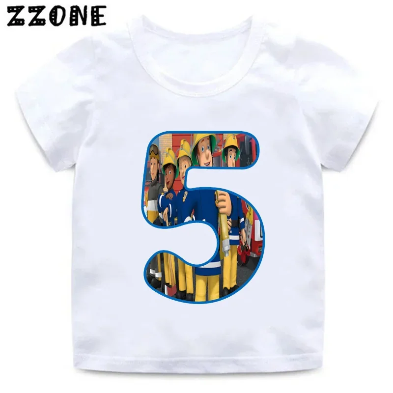 Fireman Sam Firefighter Print Cartoon Boys Clothes 1 2 3 4 5 6 7 8 9 Years Birthday Number Kids T shirt Cute Baby Girls T-Shirts