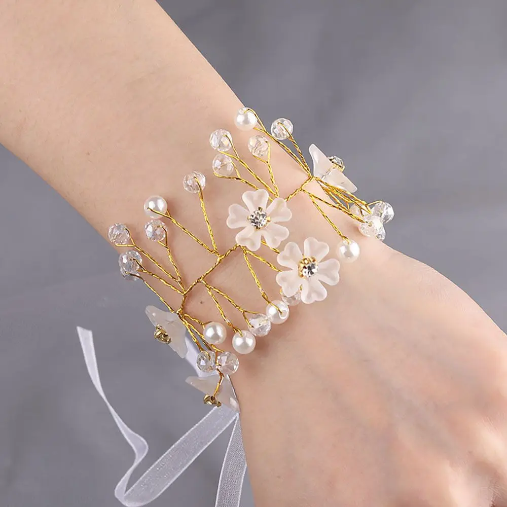 2024 Bridal Wrist Corsage Silk Rose Wedding Hand Flower Wristband Bracelet For Bridesmaid Girls Jewelry Party Marriage Accessory