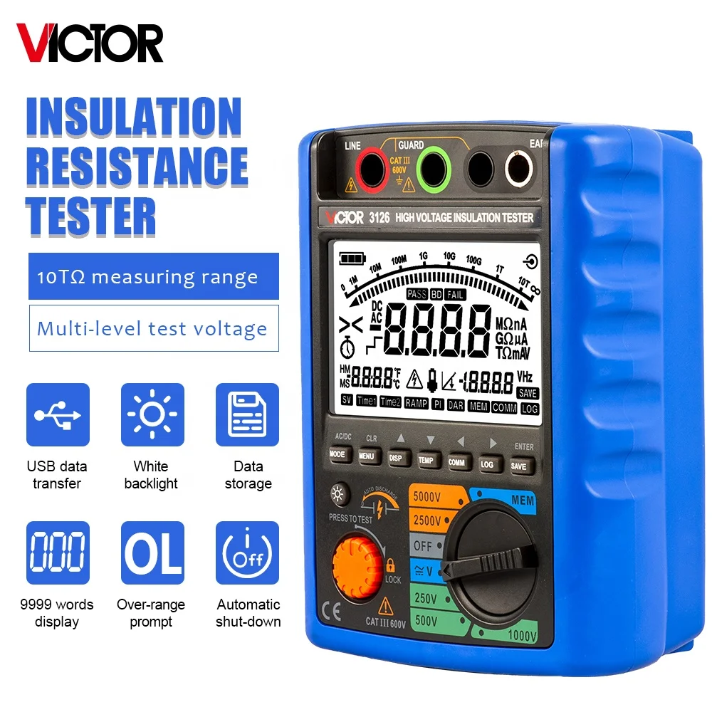 New 3126 5000V Digital High Voltage Insulation Resistance Tester Auto Range 9999 counts IP40 USB communication SCPI  command