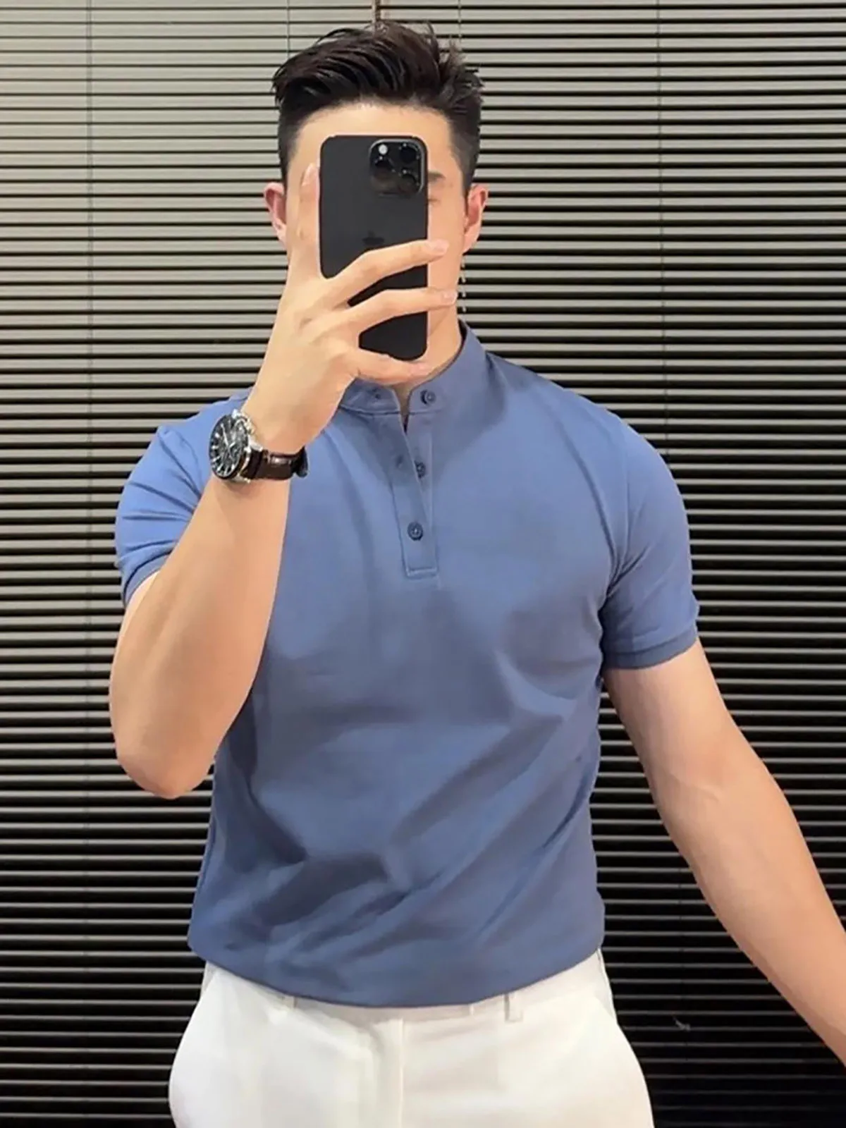  Short Sleeve  Shirt Slim Fit Men's Summer Thin High-End Feel Stand Collar T-Shirt Upper Body Henry Collar Design
