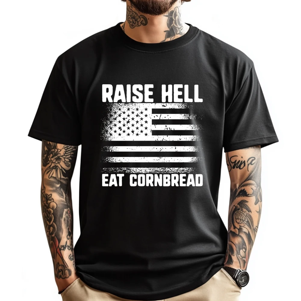 

Raise Hell Eat Cornbread Redneck Southern Usa Flag Cornbread Black Graphic T Shirts Anime Mens Clothing
