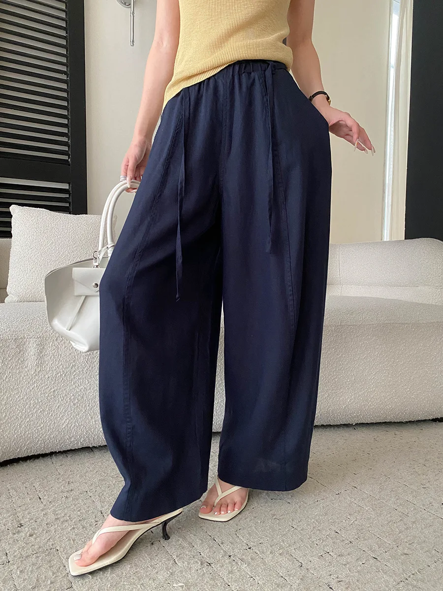 

Summer women's solid color relaxed drawstring elastic high waisted loose wide leg casual pants