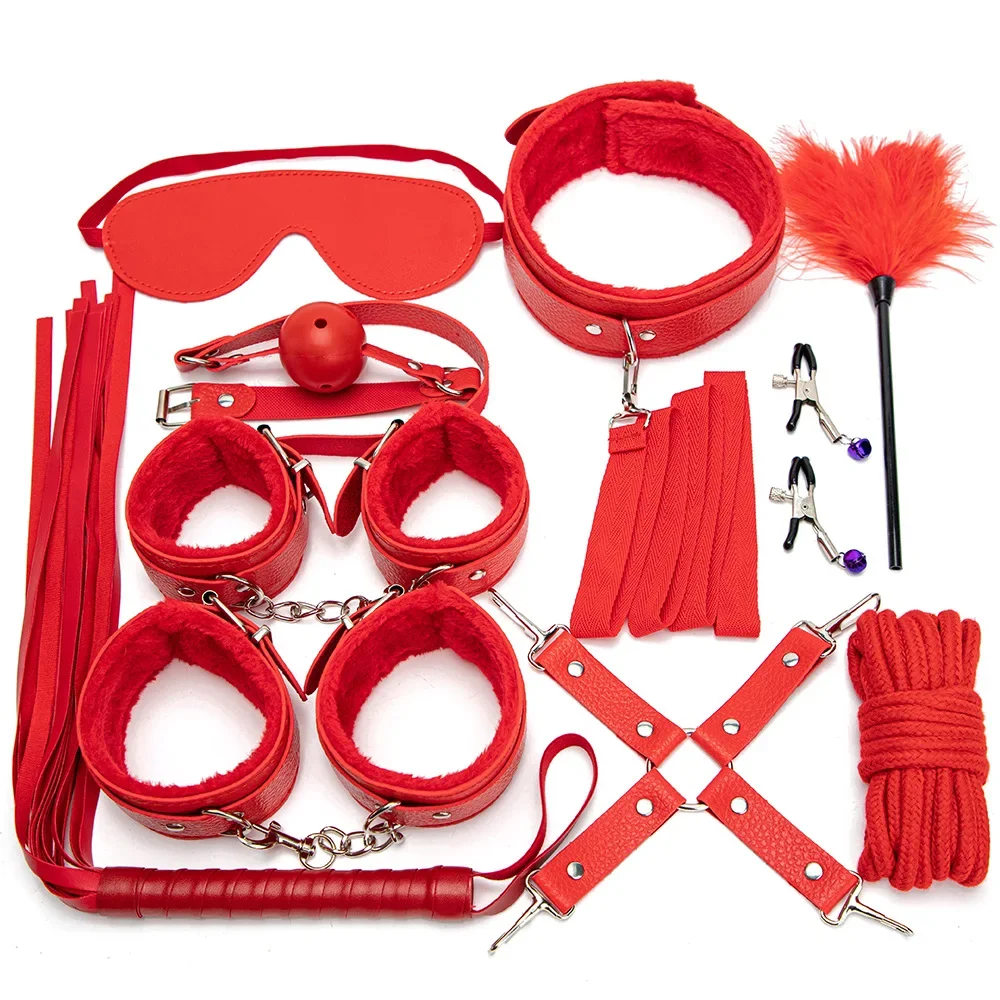 Sexy Leather BDSM Kits Handcuffs Nipple Clamps Whip Spanking Plush Sex Bondage Set Handcuffs Sex Games Sex Toys for Women Men