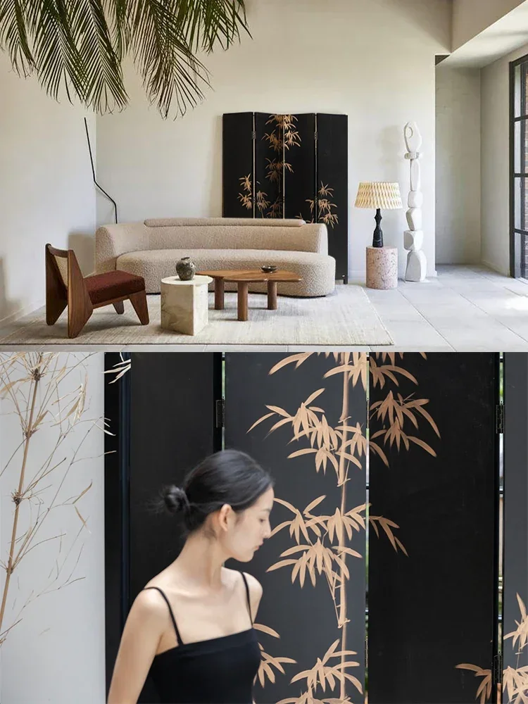 Safety porcelain/hand-painted golden bamboo four-fold lacquered wood screen partition
