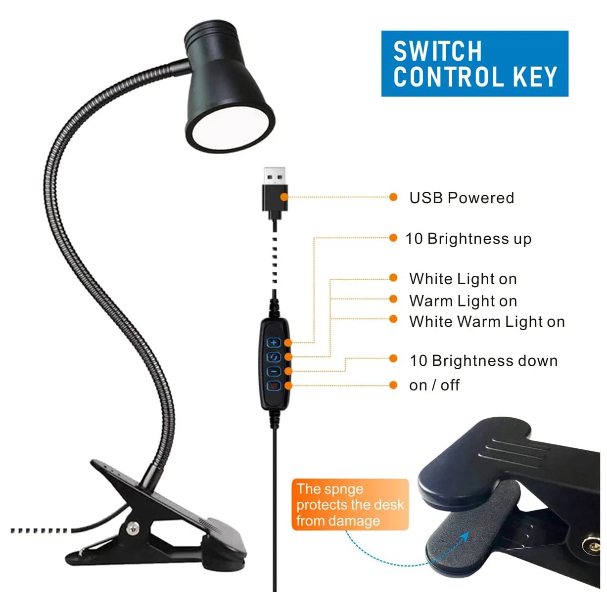 USB Clip On Reading Light 3 Color Modes 10 Brightness Levels 360° Flexible Gooseneck Clamp Desk Lamp USB Powered Clip Lamp