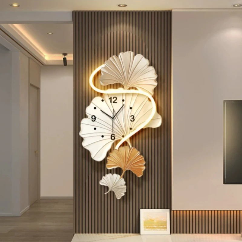 #￥Cream Style Ginkgo Leaf Wall Decor Accent Panel LED Backlit Swing Time Display Furnish Vertical Metal Wall Hanging Art