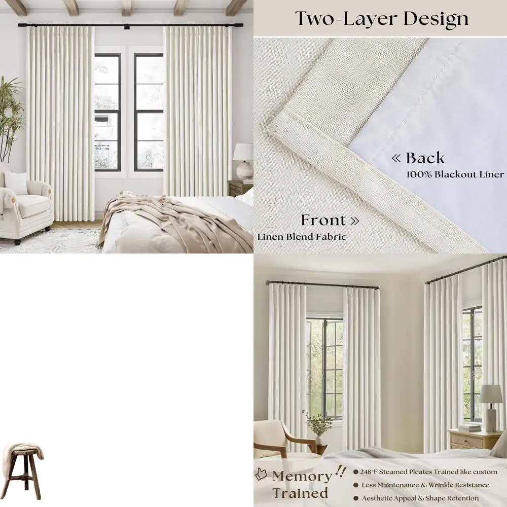 

90 Cream Linen Blackout Curtains, 2-Panel Set, 100% Light Blocking, Pinch Pleated Drapes for Living Room, Dining & Bedroom