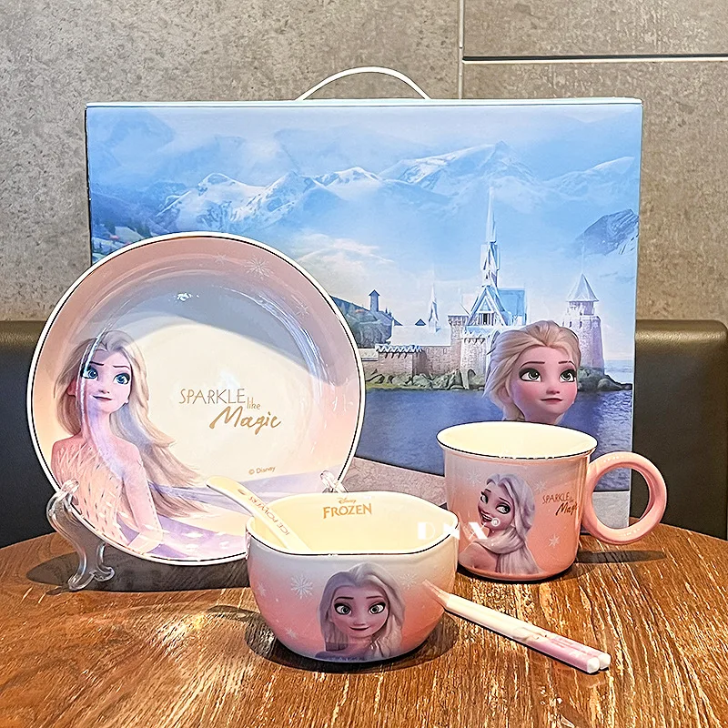 Juego de vajilla de dibujos animados de Frozen Elsa de Disney, taza rosa Kawaii, disco de cerámica, cuenco periférico encantador, decoración del hogar, regalo de decoración de habitación