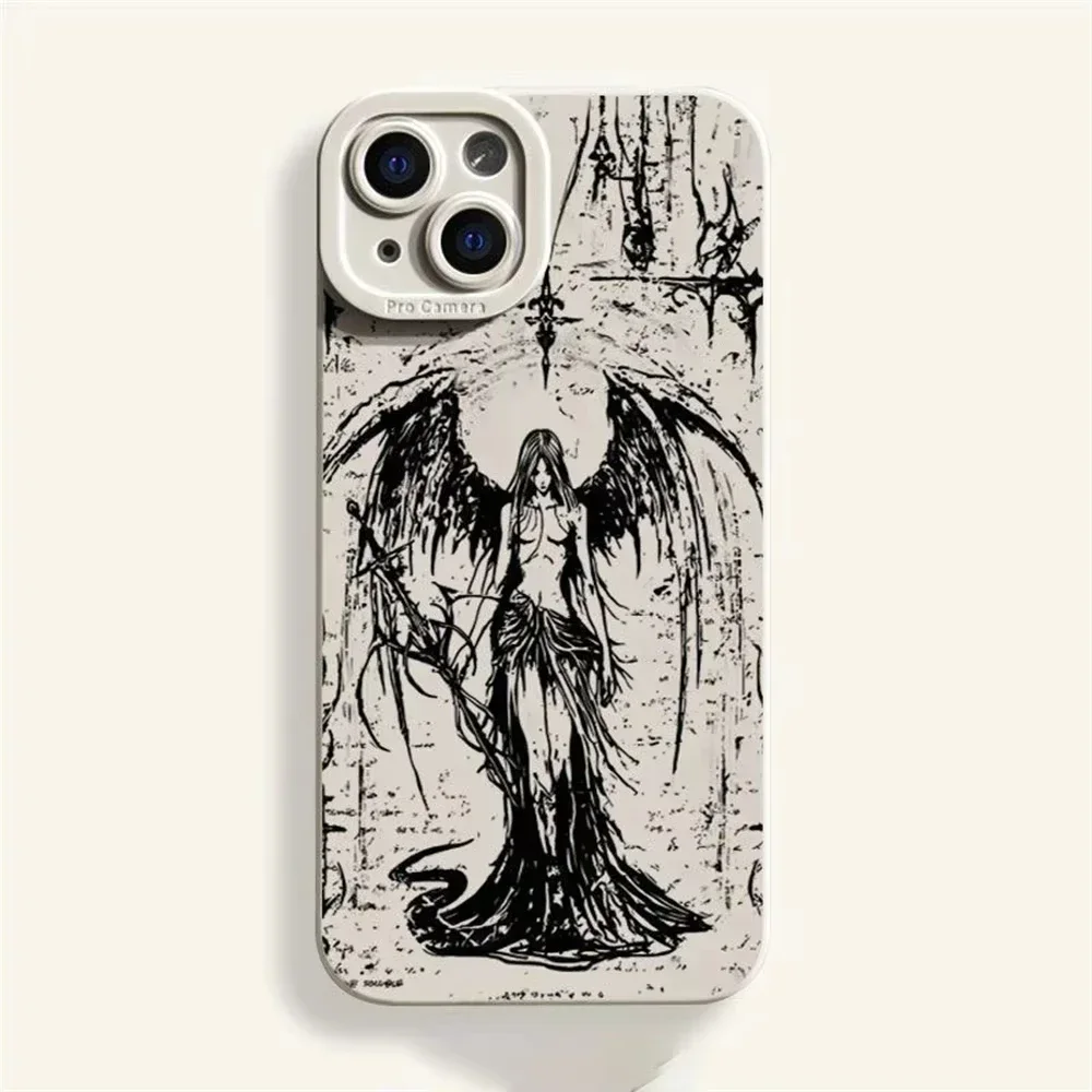 Luxury Black Angel Death demon Silicone Phone Case Protection For iPhone 16 15 14 13 12 11 Pro Max 15 16 PIus XS XR X Y2K Coque