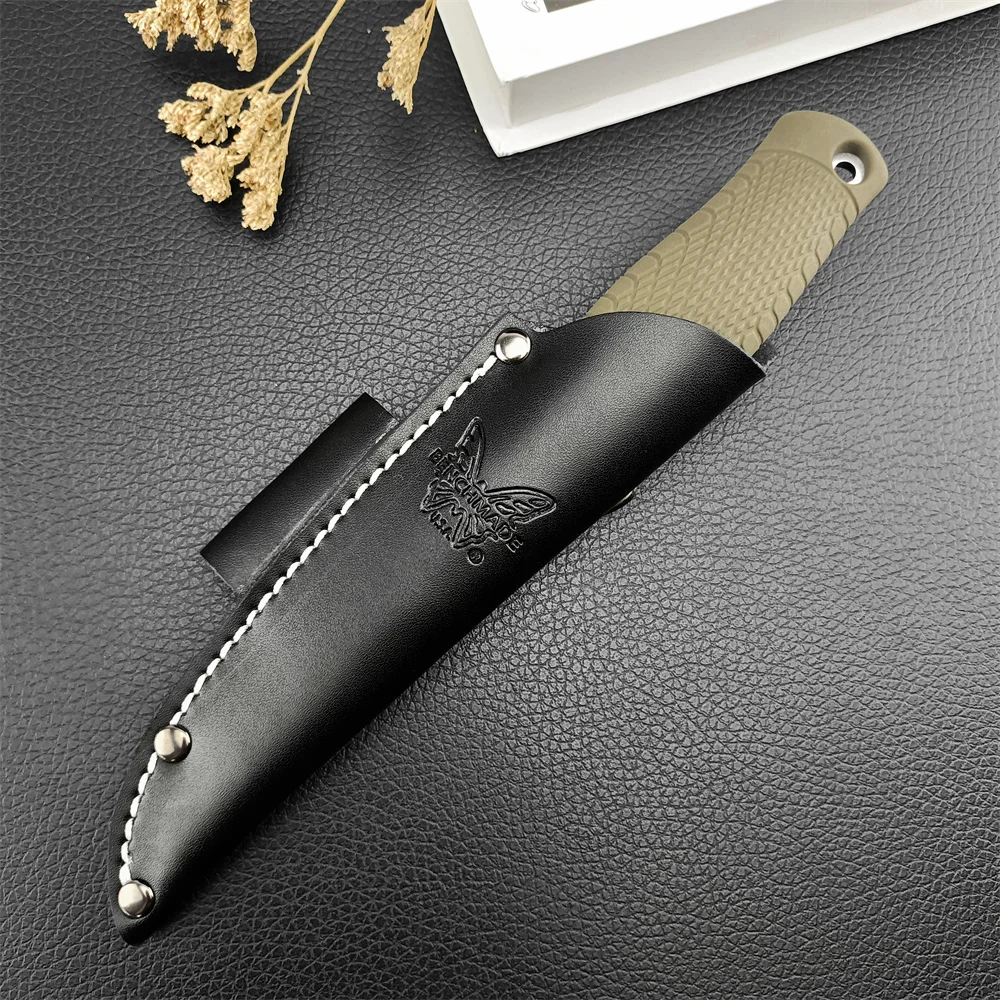 Military Portable BM 200 Puukko Fixed Knife D2 Blade Rubber and Plastic Handle with Leather Sheath Outdoor Tactical EDC Tools