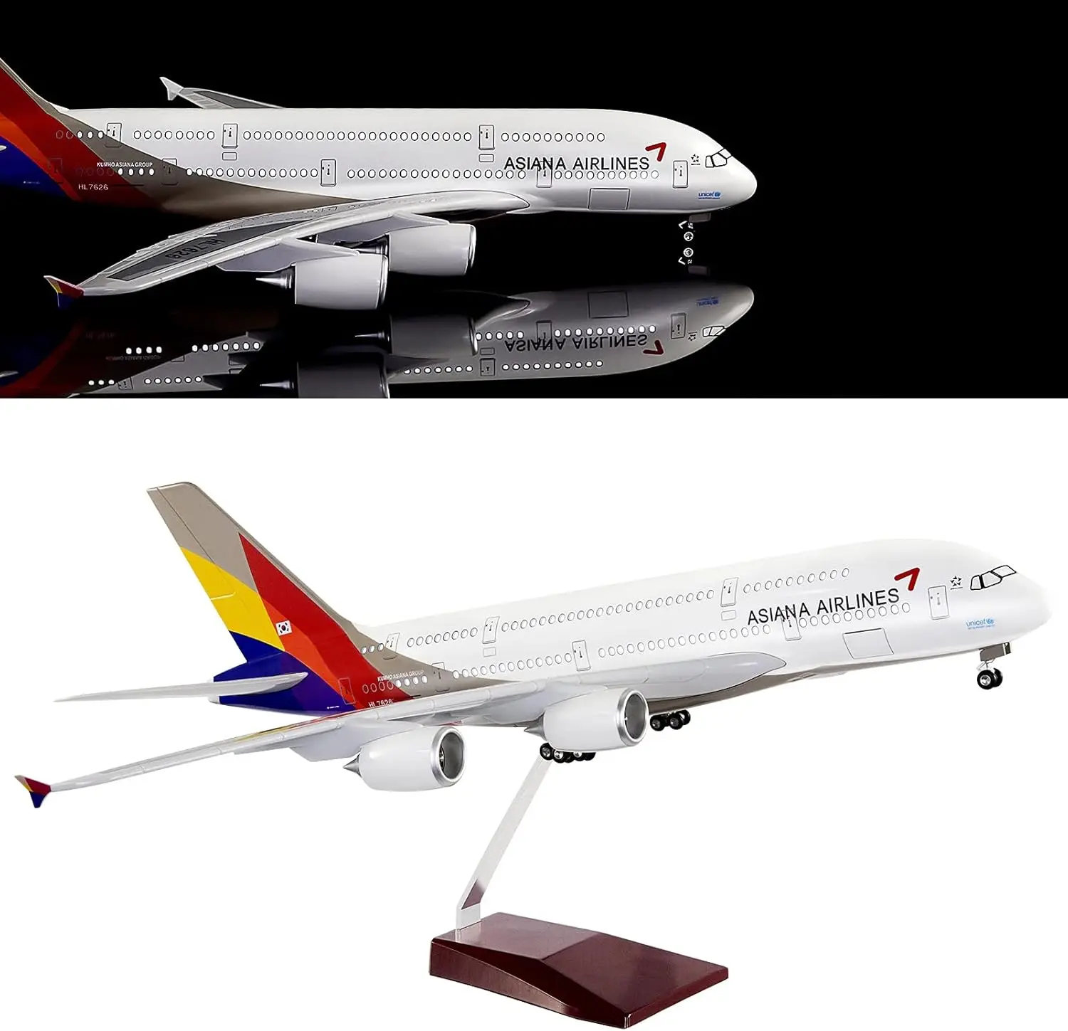 47cm A380 Plane Model With Led Korean Asiana Airline Plastic Model Airplane W Led Light &Landing Gears Collections Gift