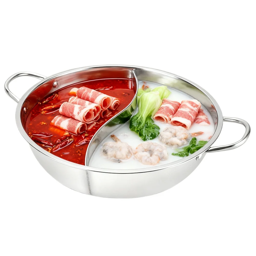 Olla doble dividida de acero inoxidable, olla caliente gruesa para el hogar, lavabo, olla caliente china, cocina, sopa, olla de 30cm