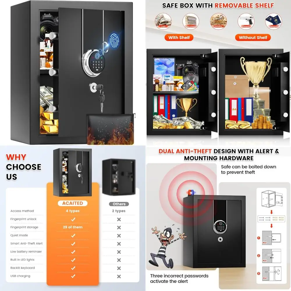 

Комбинированный биометрический сейф с отпечатками пальцев и клавиатурой — 1,6 кубических футов, огнестойкий сейф для домашних документов с защитой от кражи Dua