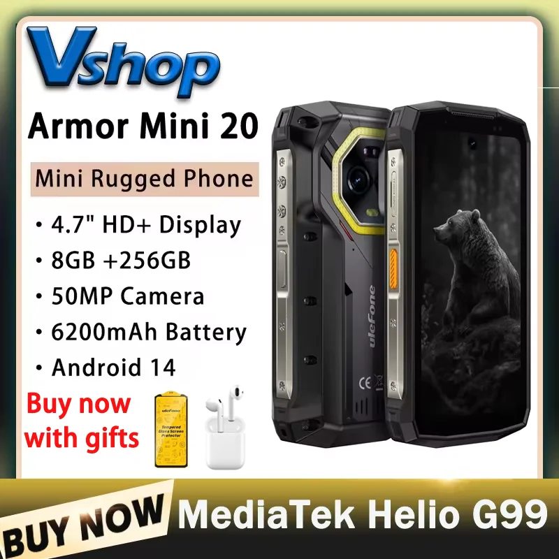 Ulefone Armor Mini 20 Rugged Phone 8GB+256GB Night Vision 4.7 '' Android 14 MediaTek Helio G99 Octa Core 4G NFC Smartphone