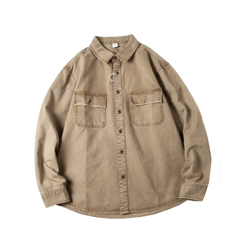 قميص قطني طويل ياباني عتيق مغسول - 100% قطن متعثر مريح للجنسين قميص سترة عمال خريف 2025