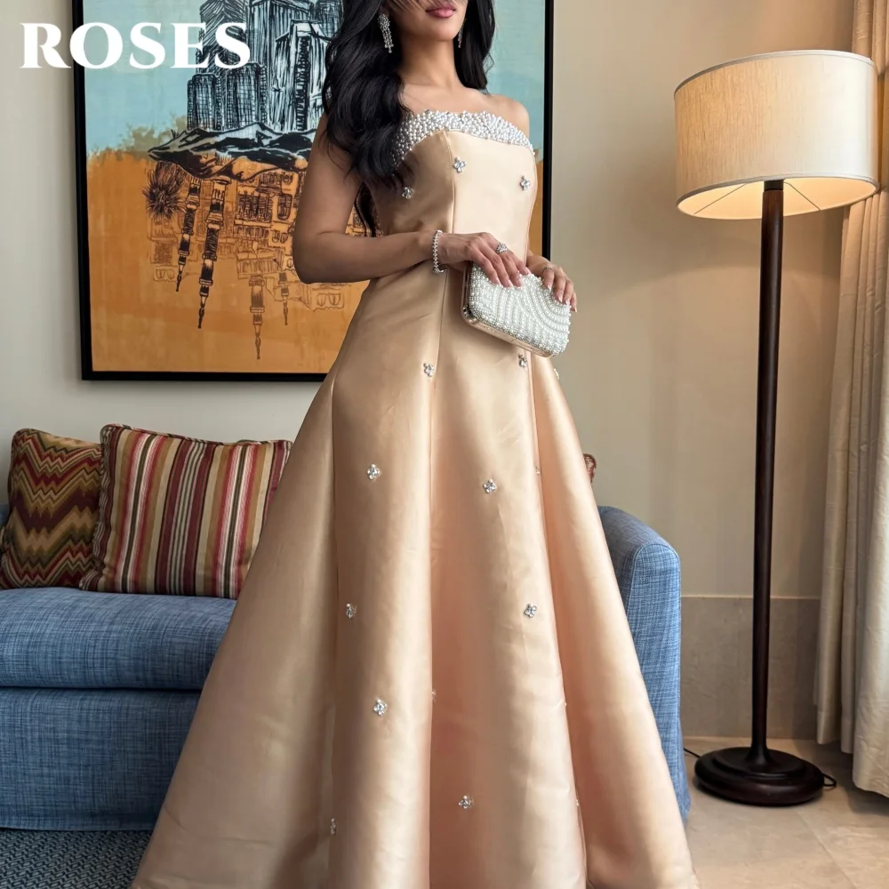 Suknia wieczorowa ROSES Champagne, bez ramiączek, w stylu gwiazd, bez rękawów, damska, z koralikami, satynowa, formalna, szyta na miarę.