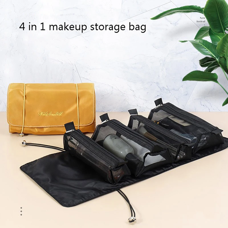 4PCS in 1 Travel Cosmetic Bag For Women Zipper Mesh Separable Cosmetic Pouch Portable Folding Travel Storage Bag