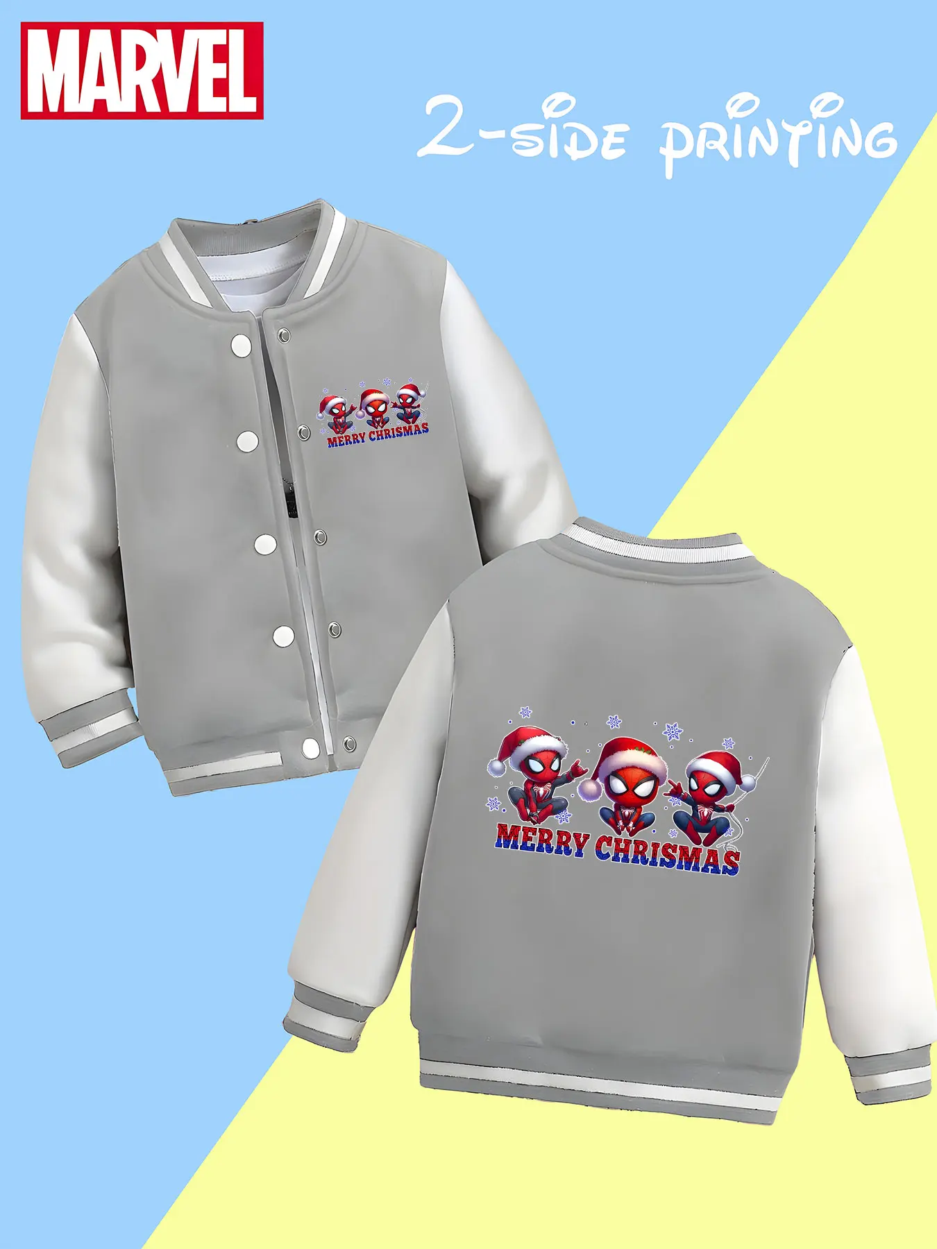 سترة بيسبول MINISO Marvel Spider-Man Christmas Trio للأولاد - طباعة لطيفة على شكل Spider-Man Christmas Trio، على الوجهين لنقل الفتحات